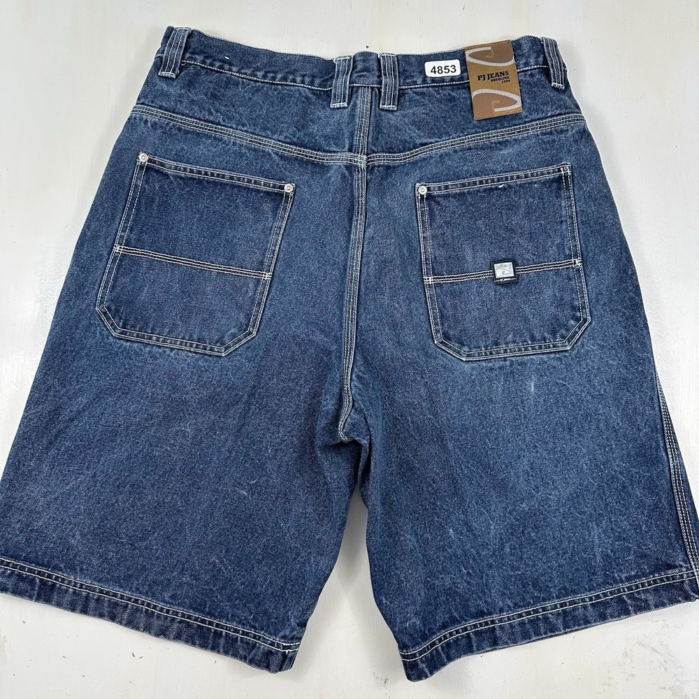 Y2K VTG PJ Jeans Baggy Shorts Men Actual 35 x 11 Thick Denim Blue Utility Jorts‎